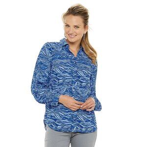 Elle Zebra Print Button Front Blouse Top Size Small Blue Pleated Sleeves